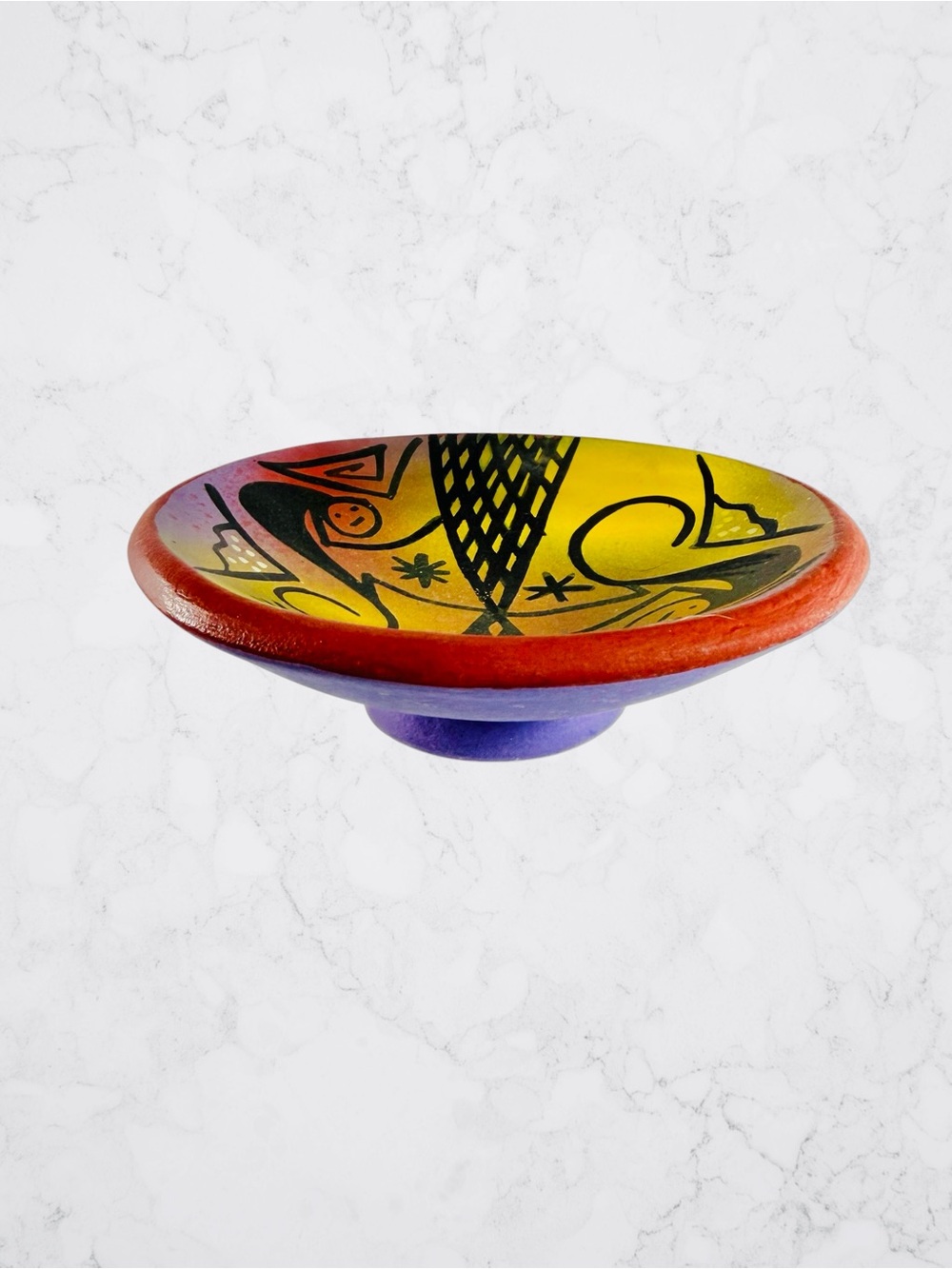 Vintage Ceramic Bowl Hand Painted Folk Art Monkey Animal Tribal Purple Black Red
